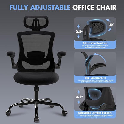 Ergonomic Office Chair with Adjustable Lumbar Support & Headrest – High Back Mesh Desk Chair with Flip-Up Armrests, Swivel Rolling Computer Chair for Home Office, Breathable & BIFMA Certified, Black