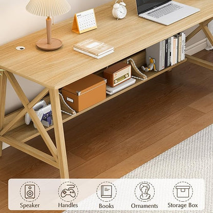 Extra Long Desk with Bookshelf - Wooden Home Office Work Study Table, Writing Computer Workstation with Storage Shelf in Oak, 55" Wx20 Dx30 H