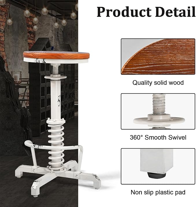 American Antique Steampunk Bar Stool 24.41"-28.35" Vintage Industrial Adjustable Swivel Backless Counter Stool for Home, Dining, Breakfast, Pub, (Heavy Duty Metal & Wood, Aged White, Brown Top)