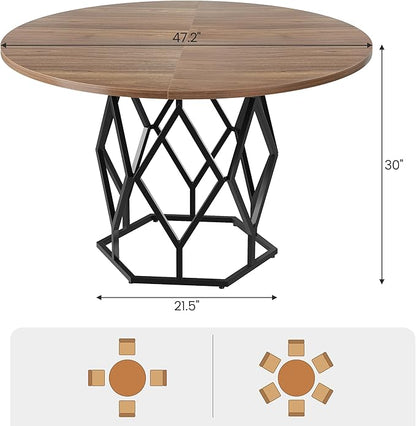 GarveeHome Round Dining Table for 4-6 People, 47 Inch Farmhouse Kitchen Table, Sturdy Metal Base, Industrial Wood Dinning Room Table for Kitchen, Brown