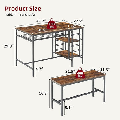 IDEALHOUSE Dining Table Set for 4, Kitchen Table Set for 4 with 2 Benches, Rectangular Dining Room Table Set with Wine Rack, 3 Piece Dining Table Set for Small Space Apartment, Rustic Brown