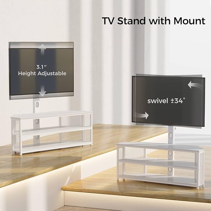 Rolanstar TV Stand with Mount and Power Outlet, Swivel TV Stand with LED Lights for 32/45/55/60/65/70 inch TVs, White Entertainment Center Media Console with Height Adjustable Mount