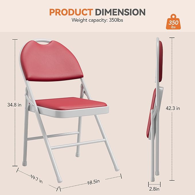 GarveeHome 2 Pack Folding Chairs with PU Leather Padded Cushion and Back, Metal Foldable Chair for Indoor Outdoor, Commercial Stackable Guest Chairs for Camping, Dining Room, Office, Party, Red