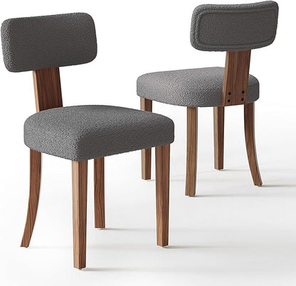 Farmhouse Chair Set of 2, Mid Century Modern Dining Chairs, Sherpa Upholstered Kitchen Chairs with Curved Backrest & Adjustable Legs for Living Room/Bedroom, Easy to Install, Grey Sherpa