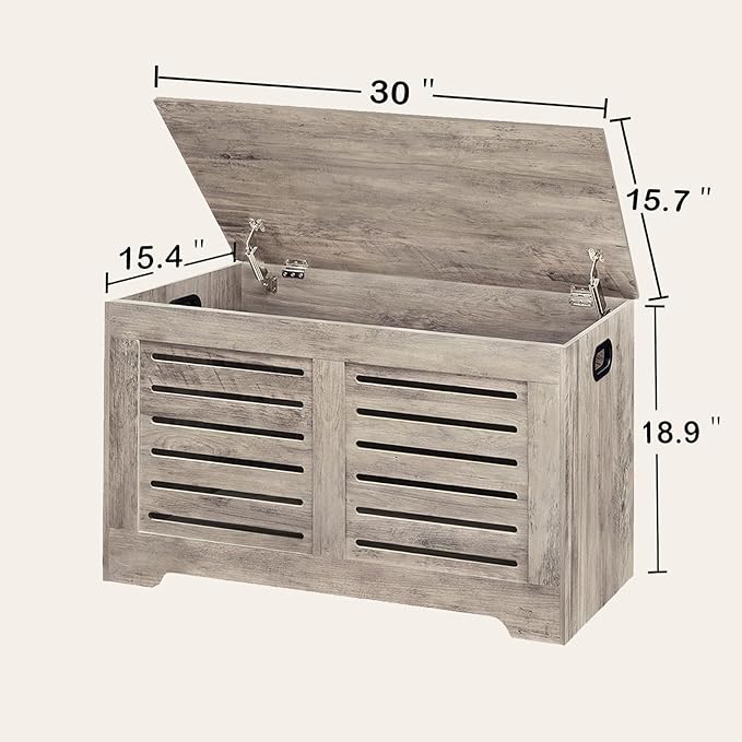 DINZI LVJ Storage Chest, Wooden Toy Box Organizer with 2 Safety Hinges, Flip-top Entryway Shoe Bench, Good Ventilation, Retro Storage Bench for Living Room, Bedroom, Easy Assembly, Greige