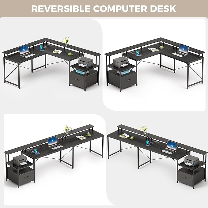 Rolanstar L Shaped Gaming Desk with Drawers, 64" Reversible Computer Desk with Power Outlet & LED Strip, Corner Desk with File Cabinet & Monitor Stand, Home Office Desk, Black