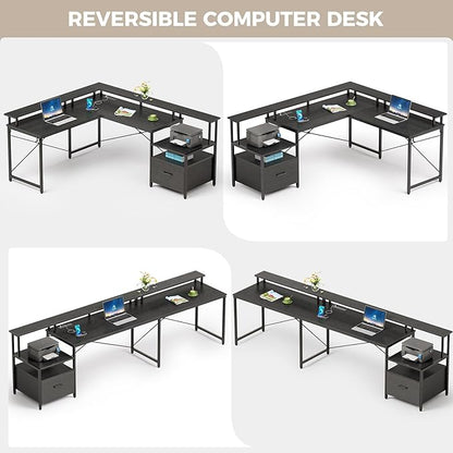 Rolanstar L Shaped Gaming Desk with Drawers, 64" Reversible Computer Desk with Power Outlet & LED Strip, Corner Desk with File Cabinet & Monitor Stand, Home Office Desk, Black