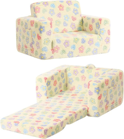 Tiita 2-in-1 Kids Sofa, Convertible Children Couch to Lounger, Flip Out Kids Chair, Toddler Armrest Chair Bed, Folding Kid Play Sofa for Girl or Boy, Flower