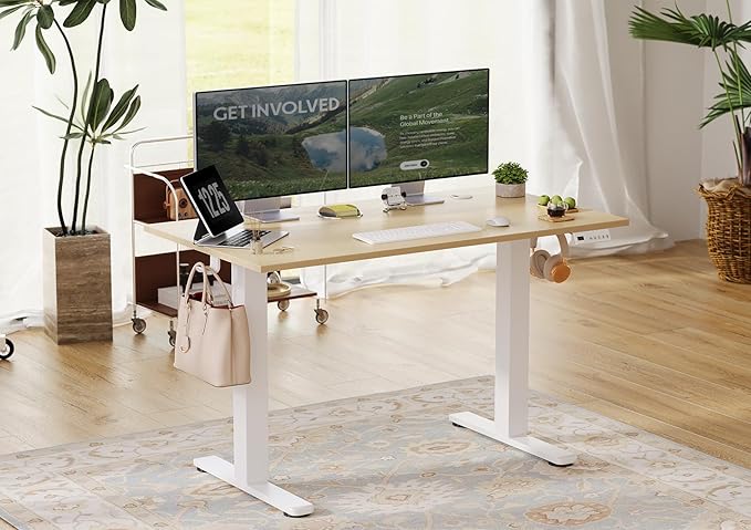 Seang Electric Standing Desk Adjustable Height, 40 x 24 Inch Sit Stand Desk with T-Shaped Frame, 3 Memory Presets & Cable Management for Home Office Computer Workstation, White Frame/Nature Top