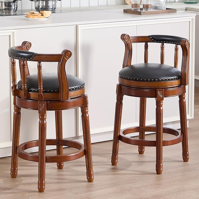 Cow top Leather Wooden Bar Stools, 360 Degree Swivel Bar Height Chair with Backs for Home Kitchen Counter, Morden Chair Barstools (Black, Counter Height-Seat Height 26”)