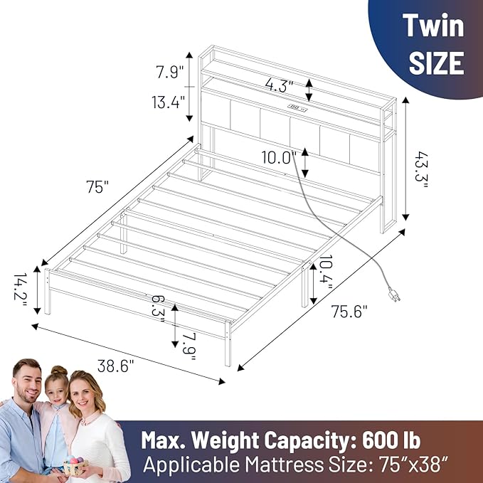 Twin Bed Frame with Headboard,Classic Metal Platform Bed Frame-LED Bed Frame with USB Charging Station,Mattress Foundatione-Under Bed Storage,No Box Spring Needed,Noise Free
