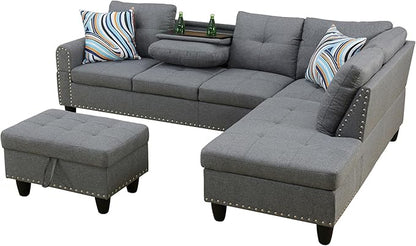 Couches for Living Room Modern L Shaped Couch Comfy Linen Fabric 3 Pieces Sectional Sofa with Chaise, Ottoman with Storage for Office and Small Apartment, Charcoal