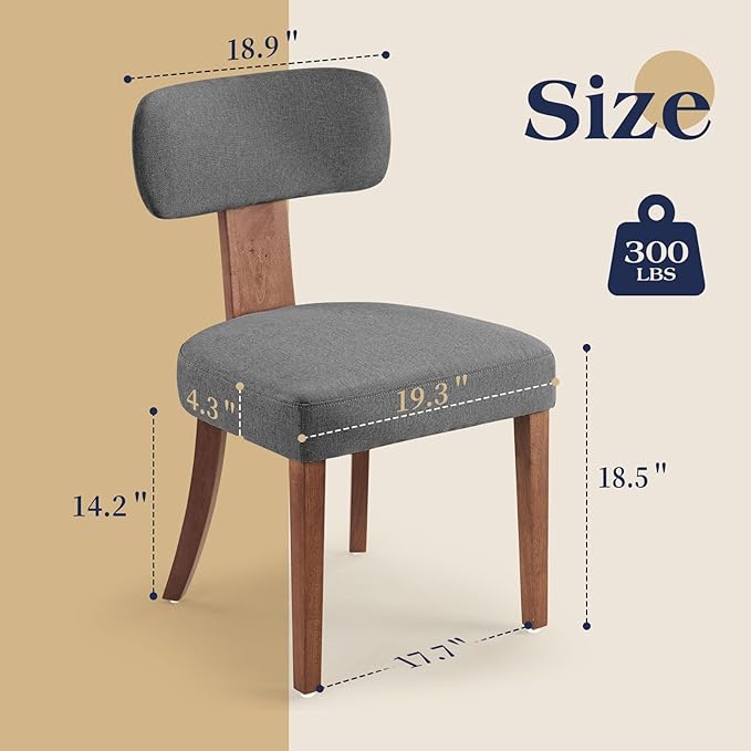 Mid Century Modern Dining Chairs Set of 2, Linen Upholstered Kitchen Chairs with Curved Backrest & Adjustable Legs for Living Room/Bedroom/Lounge, Easy to Install, Grey Linen