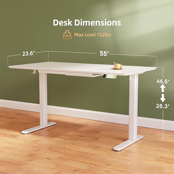 INNOVAR Glass Standing Desk with Drawers, 55×24 Inch Adjustable Stand Up Desk Quick Install Home Office Computer Desk, White