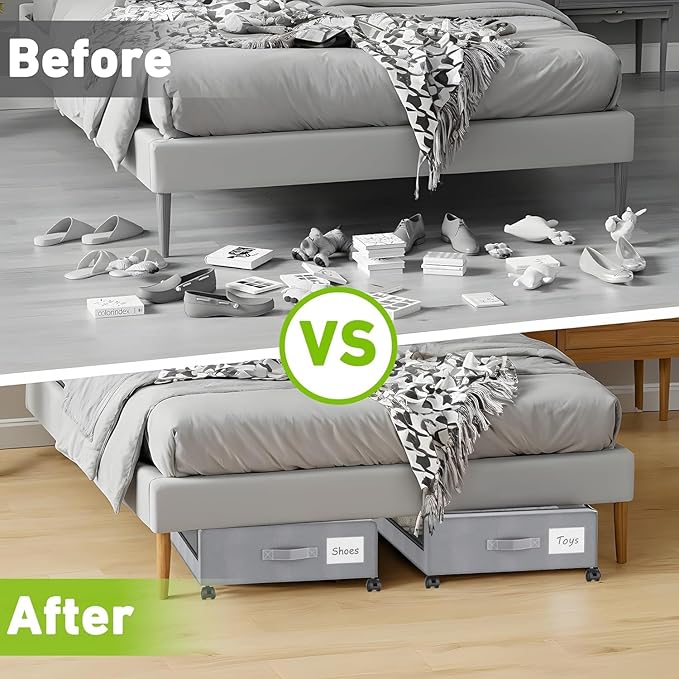 Beborxue Under Bed Storage with Wheels, 2-Pack Under the Bed Storage Containers with Lids, XXL 60L Under Bed Shoe Storage Organizer Bins, Rolling Underbed Storage for Clothes, Shoes, Blankets (Gray)