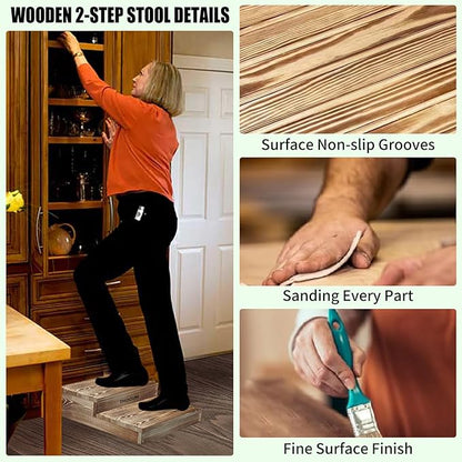 Wooden 2 Step Stool for High Beds, Moderate & Applicable 2-Step Stools for Seniors, Solid Wood steppingStool, Built-in Handle for Easy Carrying, 20.0" W