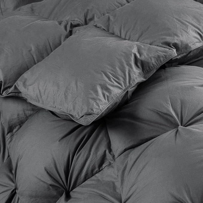 Luxurious All-Season Goose Down Feather Fiber Comforter Queen Size Duvet Insert, Exquisite Pinch Pleat Ruffled Twisted Flower, Premium Baffle Box, 100% Egyptian Cotton Cover, 60 oz. Fill Weight, Gray