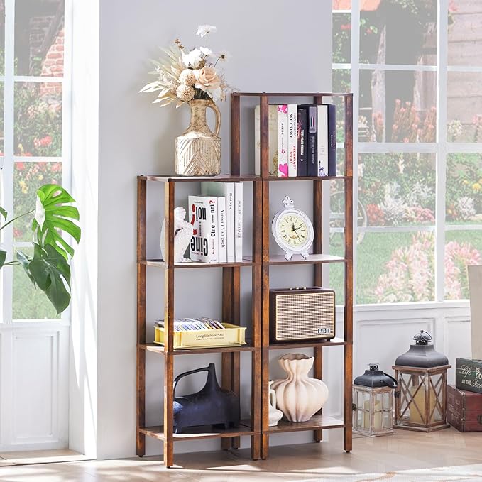4 Tier Tall Wooden Bookshelf with Storage - Small Bookcase for Small Spaces, Shelf for Living Room, Office, Bedroom, Kitchen - Industrial Retro Brown Book Shelf