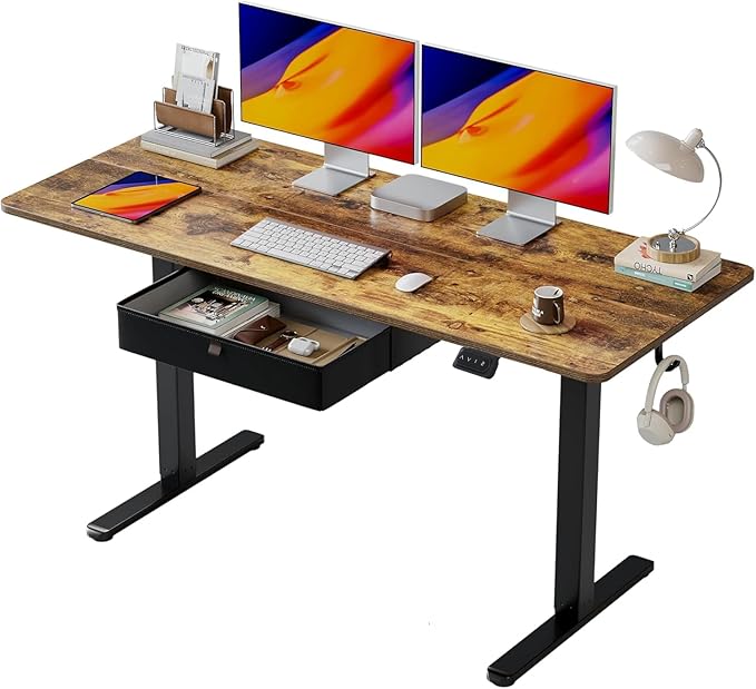 BANTI 55x24 Inches Electric Standing Desk with Drawer, Adjustable Height Sit Stand Desk, Stand Up Home Office Desk, Ergonomic Computer Desk, Rustic Brown
