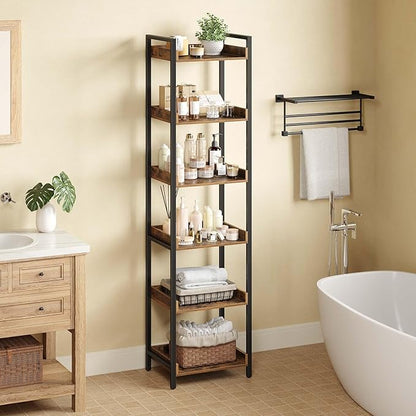 Rolanstar Bookshelf, 6-Tier Storage Rack, Narrow Corner Bookshelf, Display Wooden Shelves for Living Room, Bathroom, Balcony, Kitchen,Rustic Brown