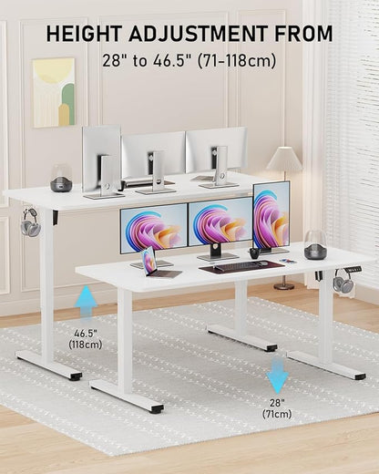 Standing Desk, Large Height Adjustable Electric Stand up Desk, 55 x 24 Inches Sit Stand Home Office Desk, with Splice Board, White Frame/White Top