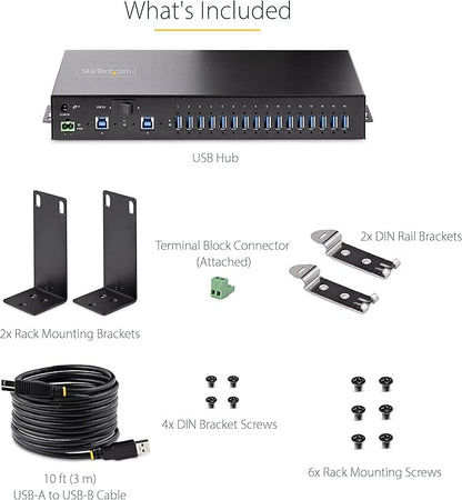 StarTech.com 16-Port Industrial USB 3.0 Hub 5Gbps, Metal, DIN/Surface/Rack Mountable, ESD Protection, Terminal Block Power, up to 120W Shared USB Charging, Dual-Host Hub/Switch, TAA