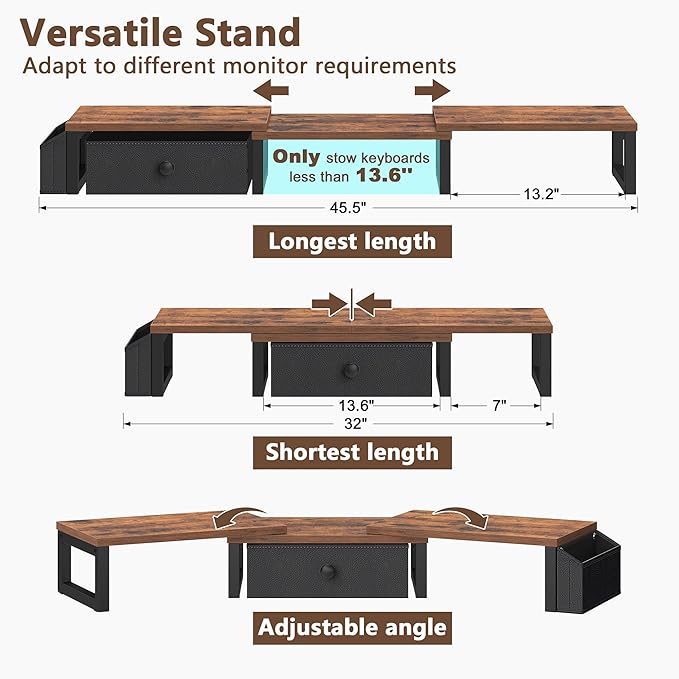 LAND·VOI Heavy Duty Dual Monitor Stand, Holds 2 Screens Up to 27 Inches, Adjustable Length and Angle Monitor Riser, Desk Organizer with Side Pockets and Drawers, Home Office Desk Storage, Rustic Brown