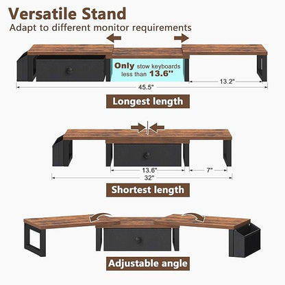 LAND·VOI Heavy Duty Dual Monitor Stand, Holds 2 Screens Up to 27 Inches, Adjustable Length and Angle Monitor Riser, Desk Organizer with Side Pockets and Drawers, Home Office Desk Storage, Rustic Brown