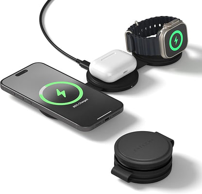 Satechi OntheGo™ 3 in 1 Wireless Charger, Qi2 Portable Charger with 15W Fast Charging for iPhone 17 to 12 Series, 5W for Apple Watch, and 5W for AirPods, Magnetic Travel Charging Station – Black