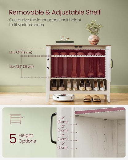 VASAGLE LIRY Collection - Shoe Cabinet, 3-Tier Storage Organizer, Shoe Shelf, Farmhouse Freestanding Cabinet, Height-Adjustable Shelf, 13.8 x 31.5 x 27.6 Inches, Rustic White ULBC038W01