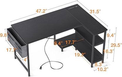 ODK 48 Inch Small L Shaped Gaming Computer Desk with Power Outlets, Reversible Storage Shelves & PC Stand for Home Office, Simple Writing Study Table with Storage Bag for Small Space, Black