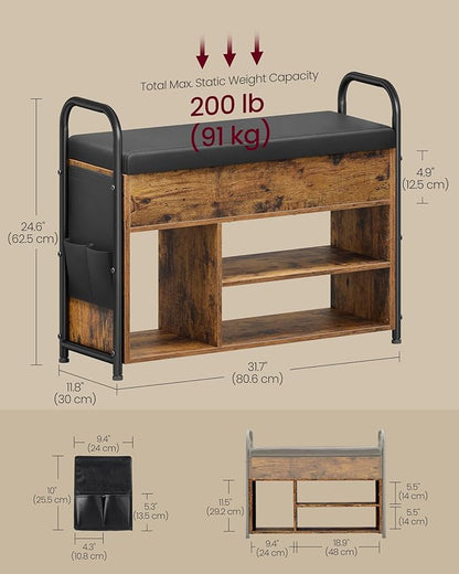 VASAGLE Shoe Bench, Shoe Rack, Entryway Furniture, Inner Storage Under The Lid, PU Pockets, Convenient Handles, for Entryway, Living Room, Bedroom, Rustic Brown and Ink Black ULSB052K01