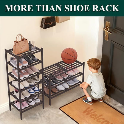Smiry Small Bamboo Shoe Rack 3-Tier, Stackable Wooden Shoe Organizer for Entryway & Closet, Free Standing Wood Shoe Storage Shelf for Front Door & Small Spaces, Brown
