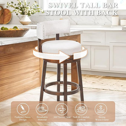COLAMY Swivel Bar Stools Set of 2, 30 Inch Swivel Bar Height Bar Stools, Wood Swivel Barstools with Back, Modern Upholstered Wooden Barstools for Kitchen Island Dining Room Bar, Beige