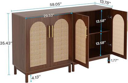 Tribesigns Set of 2 Rattan Sideboard Buffet Cabinet with Storage, 59 Inch Accent Cabinet for Dining Room, Living Room, Kitchen, Rattan and Dark Brown