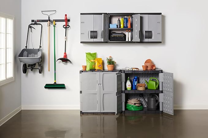 Rubbermaid Wall Mounted Storage Cabinet with Doors 150-Pound Capacity Gray Lockable Three-Shelf Cubbard for Tools/Car Accessories/Cleaning in Home/Garage/Outdoor Areas