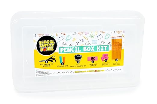 Back to School Supply Box (Case - 4 Boxes) - Grades K-5 Back to School Supplies - 32 Piece Kit Includes Markers, Crayons, Pencils, Scissors, Folders, Glue Sticks, Notebook, and Composition Book