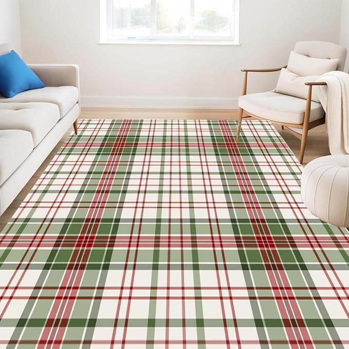 Muddy Mat짰 Plaid 5x7 Washable Area Rugs for Living Room, Bedroom & Dining Room ??Modern Soft Low Pile Non Slip Carpet ??Pet Friendly Waterproof Foldable Rugs for Home