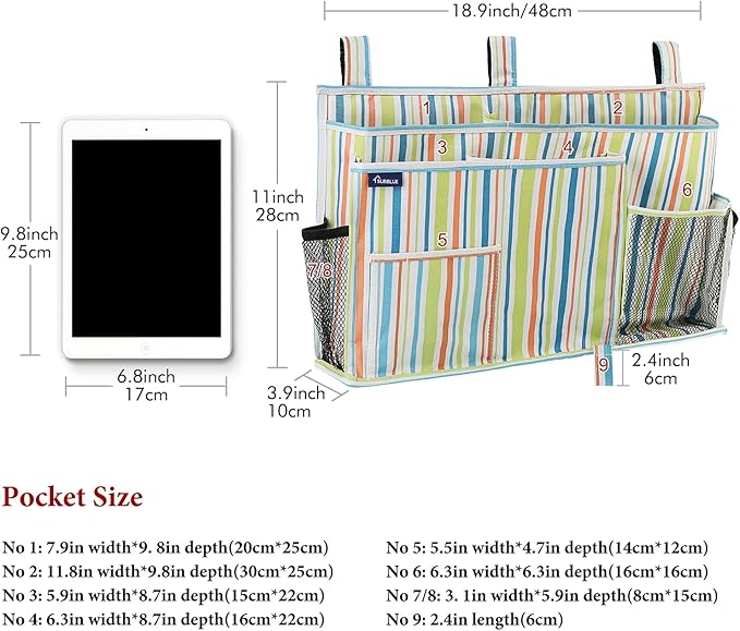Surblue Bedside Caddy Hanging Bed Organizer Storage Bag Pocket for Bunk and Hospital Beds, College Dorm Rooms Baby Bed Rails, Camp 8 Pockets, (Large, Green Stripe)