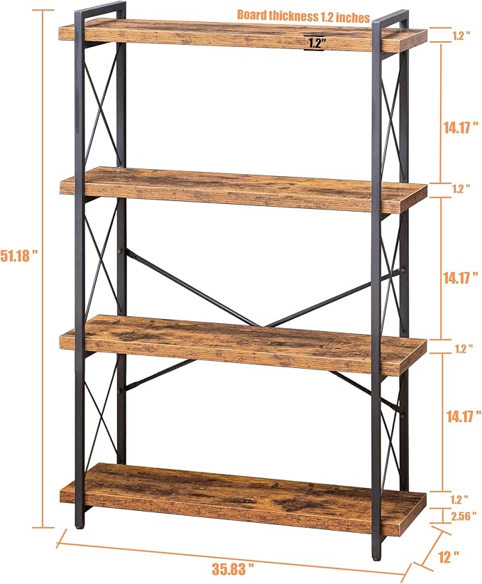 Bookshelf, 4 Tier Bookshelf, Tall Bookcase for Living Room, Home Office and Kitchen