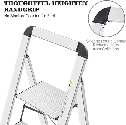 KINGRACK Aluminium 4 Step Ladder, Lightweight Step Stool with Non-Slip Pedals, Handrail, Foldable Step Ladder for Kitchen, Garage, Home, Space Saving, Sturdy and Portable, Silver