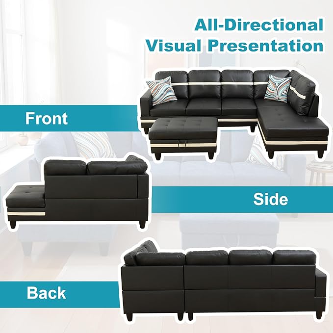 Couches for Living Room PU Leather L Shaped Couch Comfy 3 Pieces Sectional Sofa with Chaise, Ottoman with Storage for Office and Small Apartment, Black