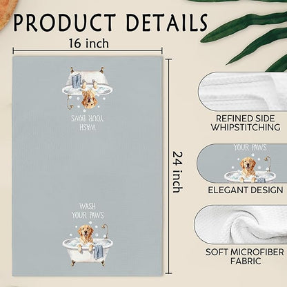 Funny Golden Retriever Hand Towels for Bathroom, Dog Lovers Gifts Hand Towels, Wash Your Paws Dish Tea Towel for Kitchen Bathroom Decor, Golden Retriever Gifts for Women Men, 16x24 Inch