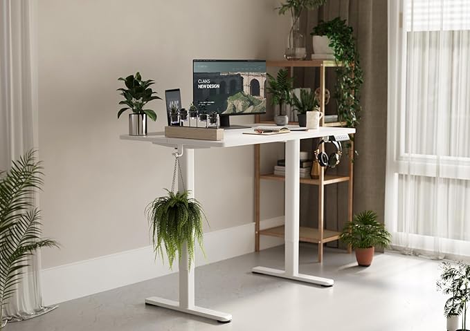 Claiks Electric Height Adjustable Stand Up Desk, 35x20 Inches Sit Stand Desk for Home Office, White Top/White Frame