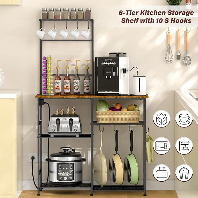 Bakers Rack with Power Outlet, Kitchen Microwave Stand with 10 S-shaped Hooks, 6-Tier Coffee Bar Station, Kitchen Storage Shelf Rack for Spices, Pots, Rustic Brown