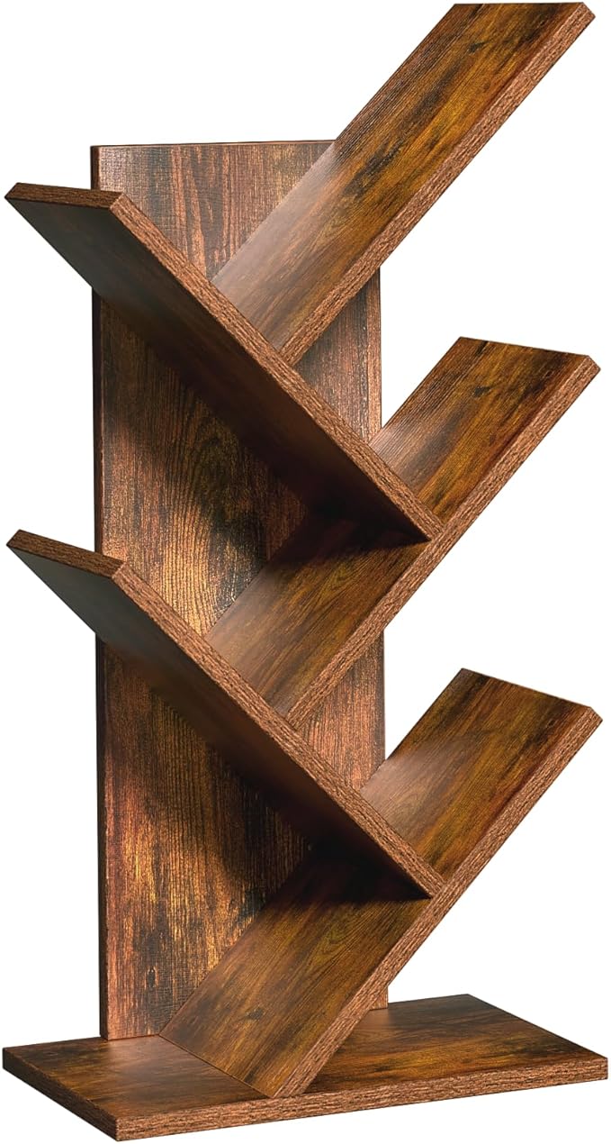 5 Tier Tree Book Shelf, Small Desktop Bookshelf with Storage Organizer, Wood Bookcase, Desk Display Bookshelves, Floor Standing Organizer Bookcases for Living Room,Bedroom,Office-Brown