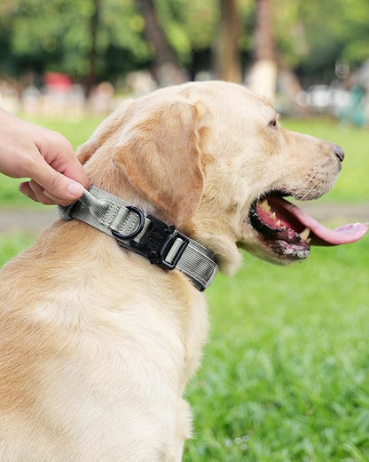 Joytale Tactical Dog Collar with Handle, Adjustable Heavy Duty Military Collar with 2 Patches for Training, Suitable for Large Dogs, Gray, L