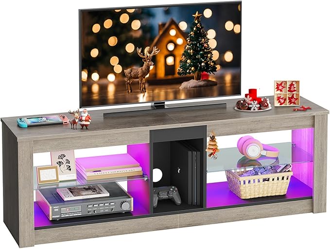 Bestier Entertainment Center LED Gaming TV Stand for 55+ Inch TV Adjustable Glass Shelves 22 Dynamic RGB Modes TV Cabinet Game Console PS4, Wash Gray