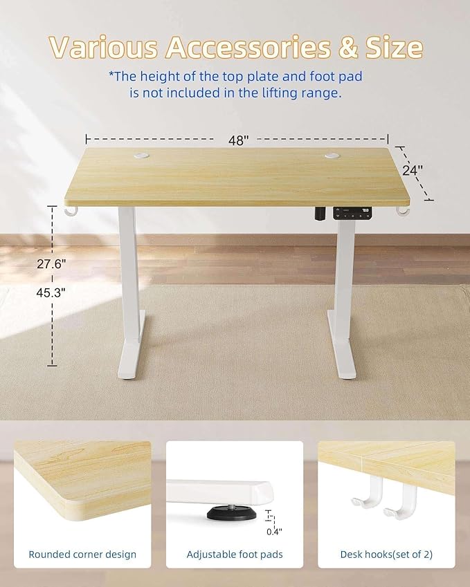 YIHAYO Electric Standing Desk, 48 x 24 Inches Stand Up Desk with Splice Board, Adjustable Height Desk, Computer Desk for Home Office, White Frame/Natural Top