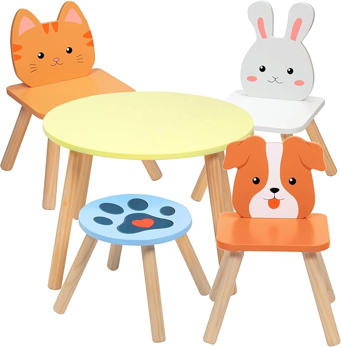 Kids Wooden Animal Table & Chair Set w 4 Seats- Puppy Kitten Bunny Plus Adult Stool for Arts Crafts Activity, Dining, Pretend Play- Durable Playroom Furniture for Home, Daycare Classroom- Toddler Gift